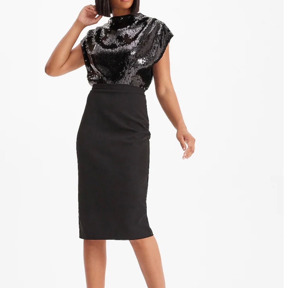 EXPRESS Sequin Draped Mock Neck Midi Sheath Dress